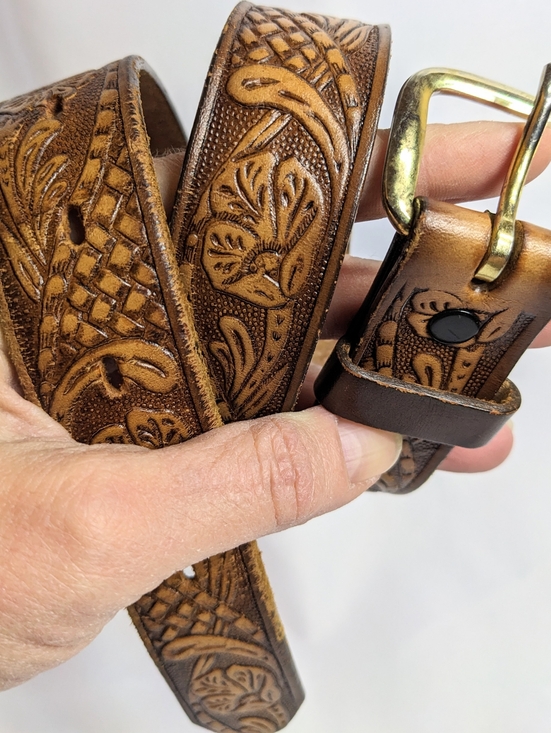 Vintage Accessories - Vintage Unisex Tooled Leather Belt, Gold-tone Removable Buckle, Sz 28"/70cm